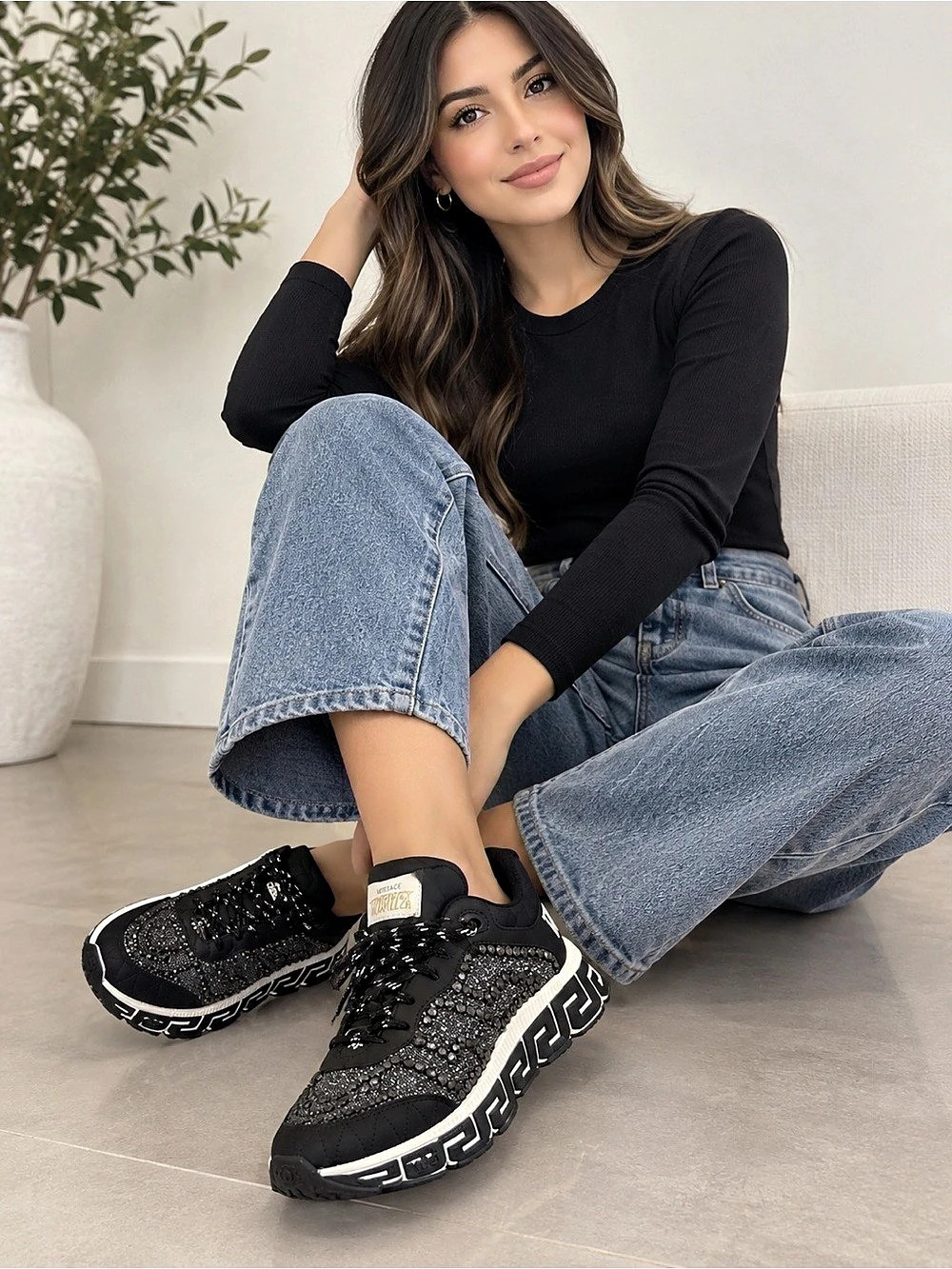 Versace Trigreca Sneakers With Crystals Geometric Black & White